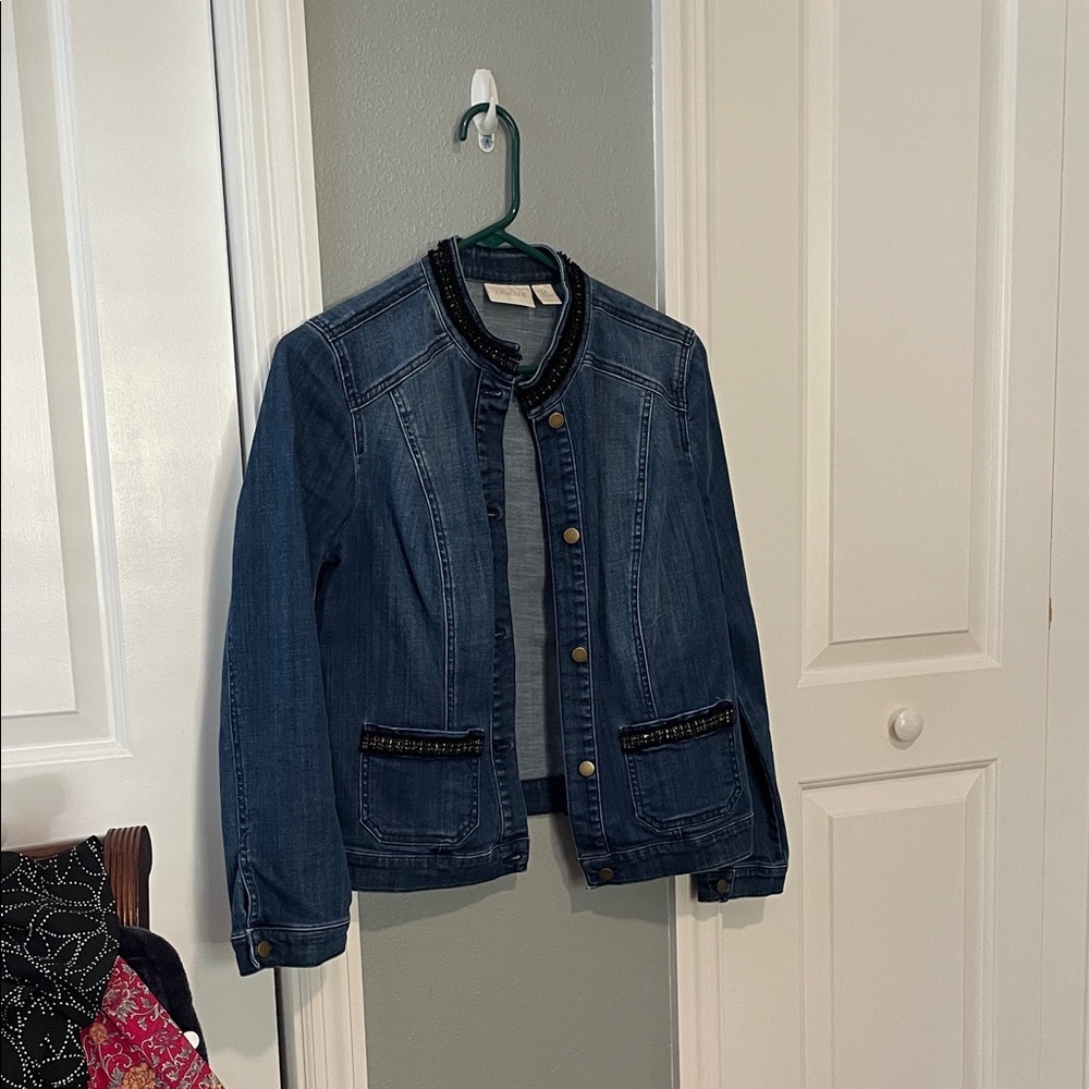 Chico's Dark Blue Denim Jean Jacket with Beaded Trim